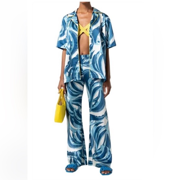 cult gaia maneli blue & white swirl print button down collared shirt blouse M - Picture 1 of 8